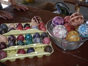 Colorful eggs died and hand etched with a needle
